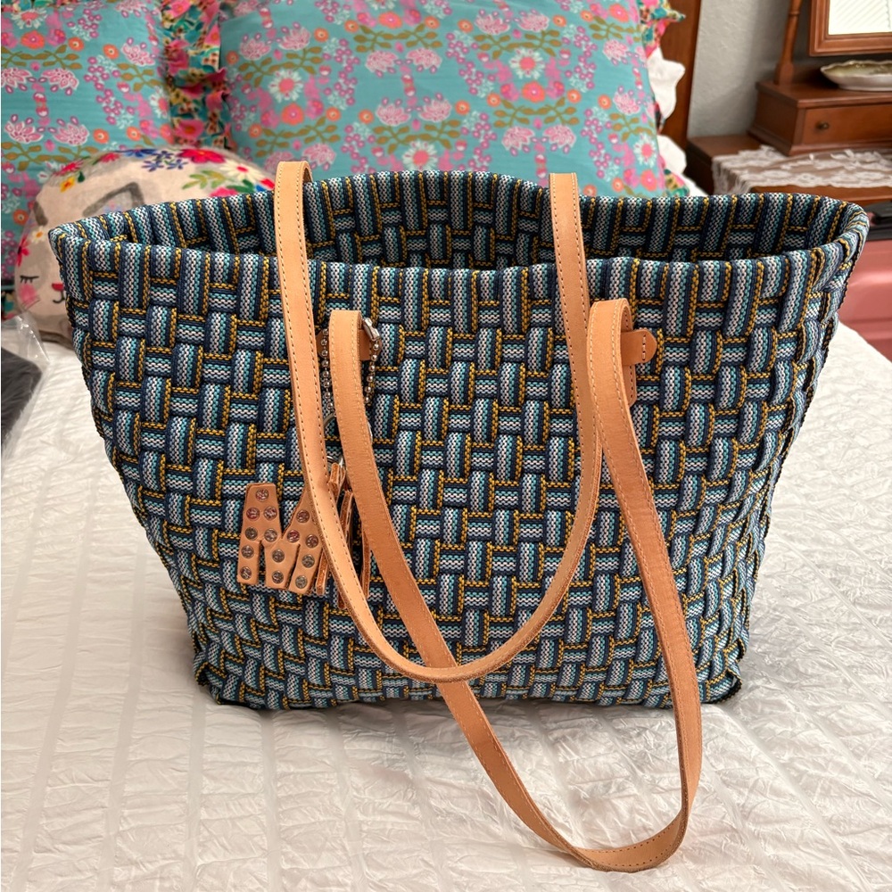 Consuela Blue and Tan Woven Tote with 2 bag charms.